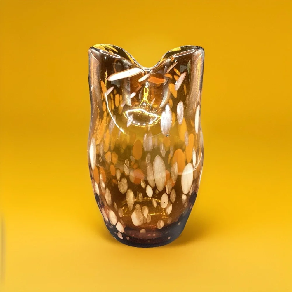 Vtg Amber White Splatter Handblown Pinched‎ Art Glass Bud Vase MCM 5